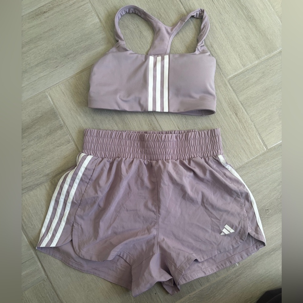 Adidas women’s purple 3 stripe bra and matching high rise shorts in size small